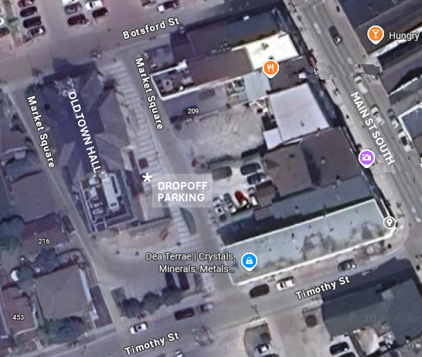 A map to the Newmarket Old Town Hall, with dropoff parking indicated